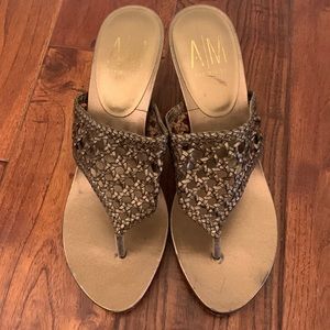 ANN MARINO Kitten Heel Sandals 8 Bronze Leather Braided BOHO slides